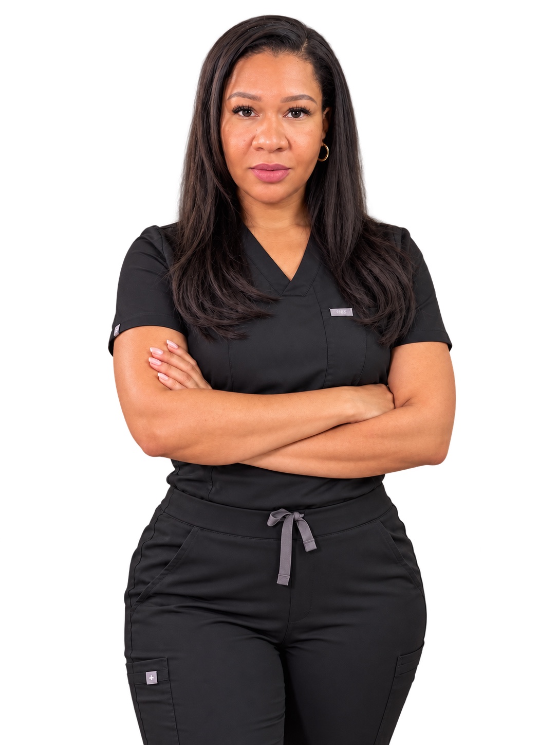 Riça, LE, in black scrubs